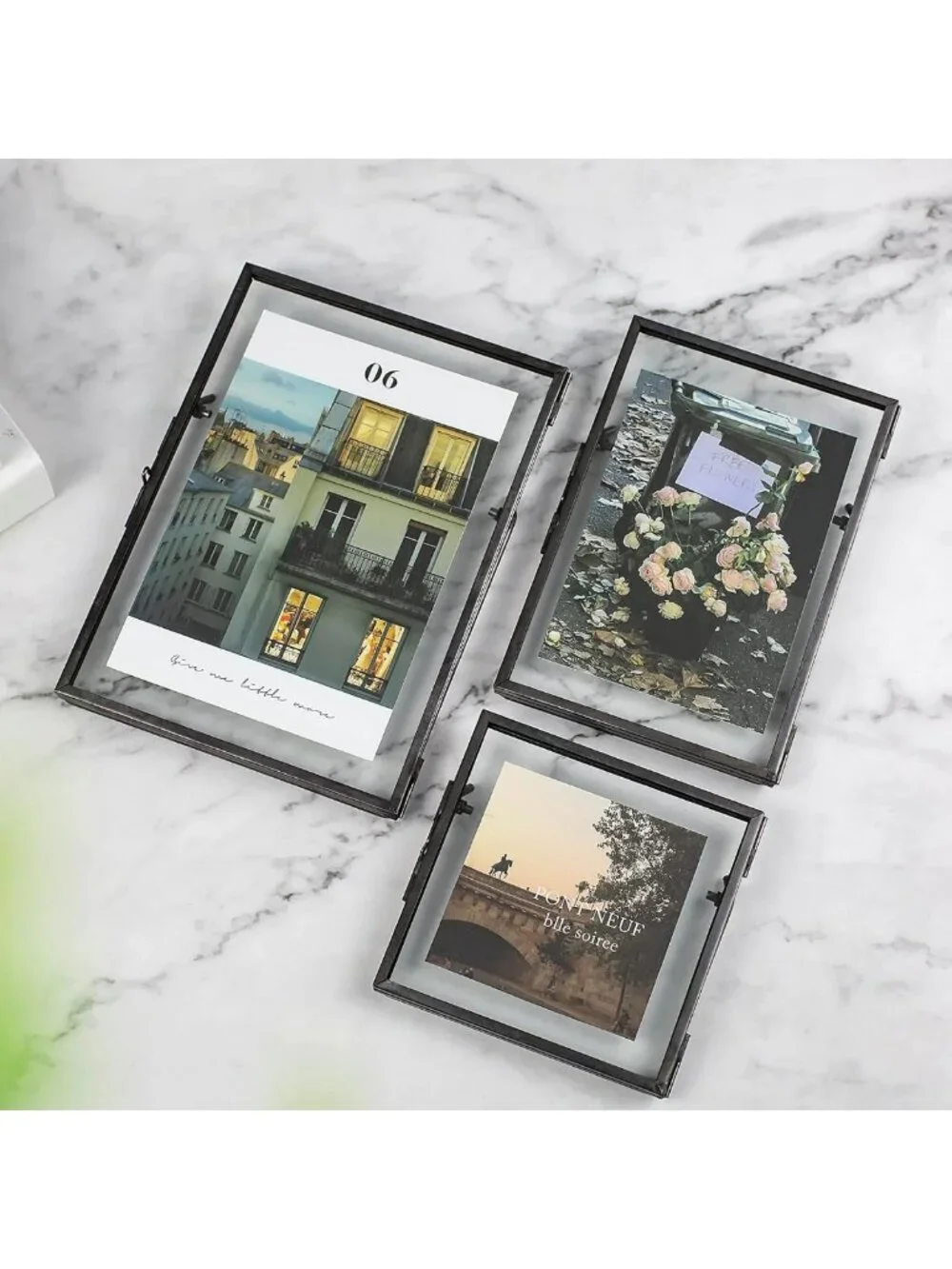 Vintage Gunmetal Gray Floating Picture Frames Set of 3 - Glass Pressed Flowers
